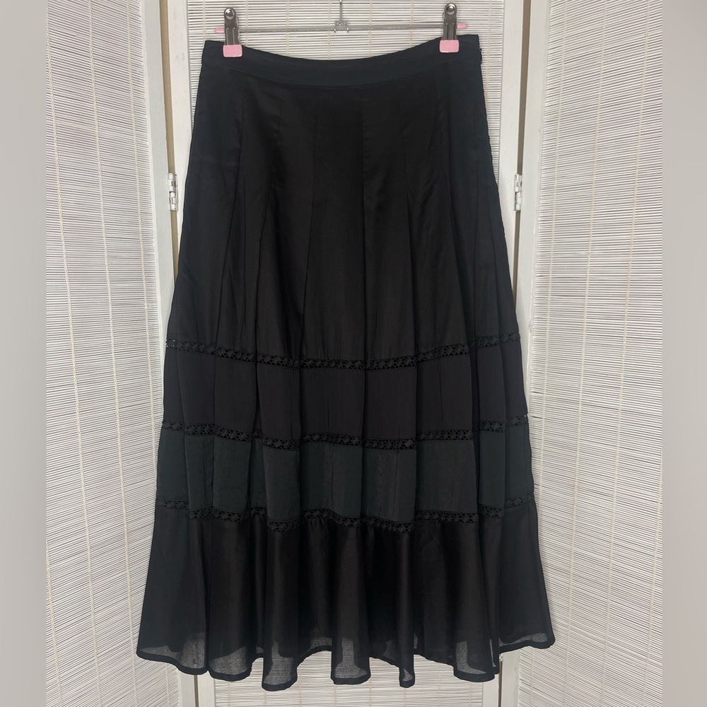 Halston Heritage Black Tiered High Rise A Line Cotton Midi Skirt Size 2